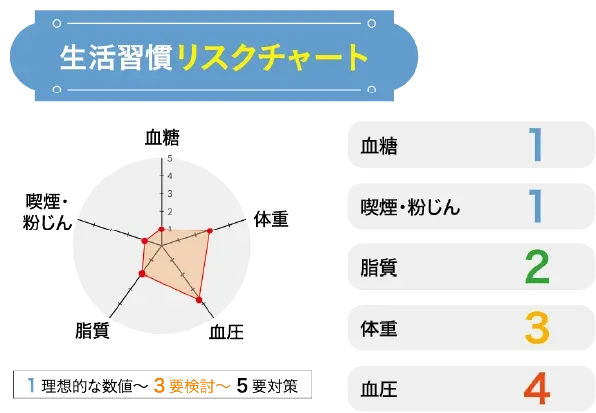 生活習慣リスクチャート。血糖・喫煙・飲酒・脂質・体重・血圧の5項目を可視化